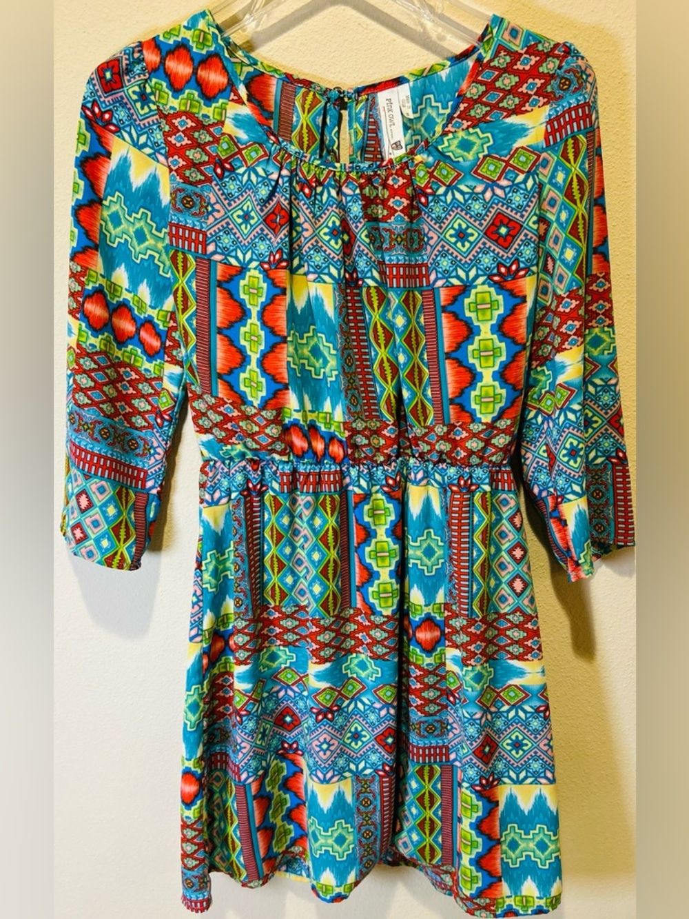NWT Pink Owl Tribal Geometric Mini Dress Small 3/4 Sleeve Boho Festival Lined